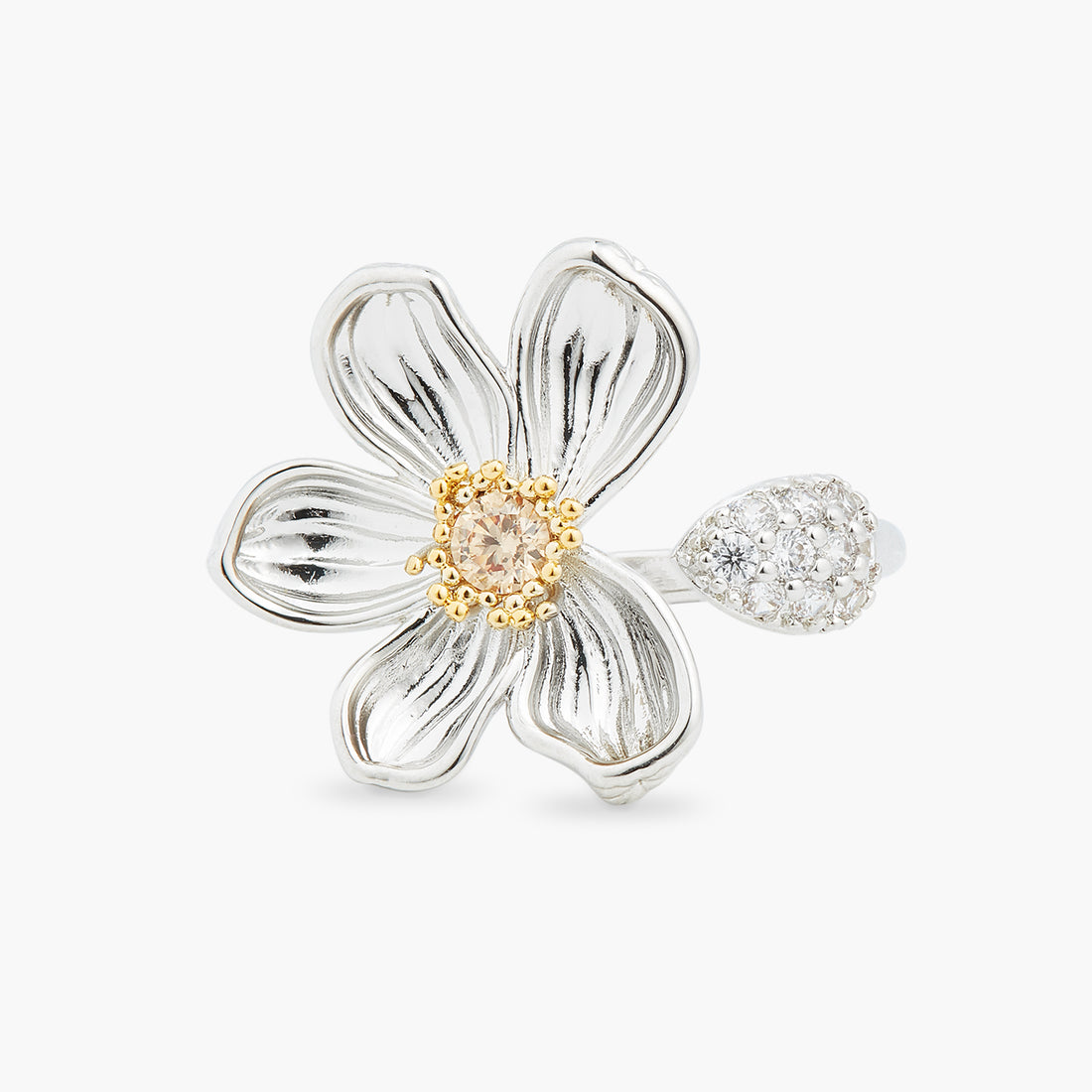 Les Néréides Daisy and Petal Paved with White Crystal Adjustable Ring