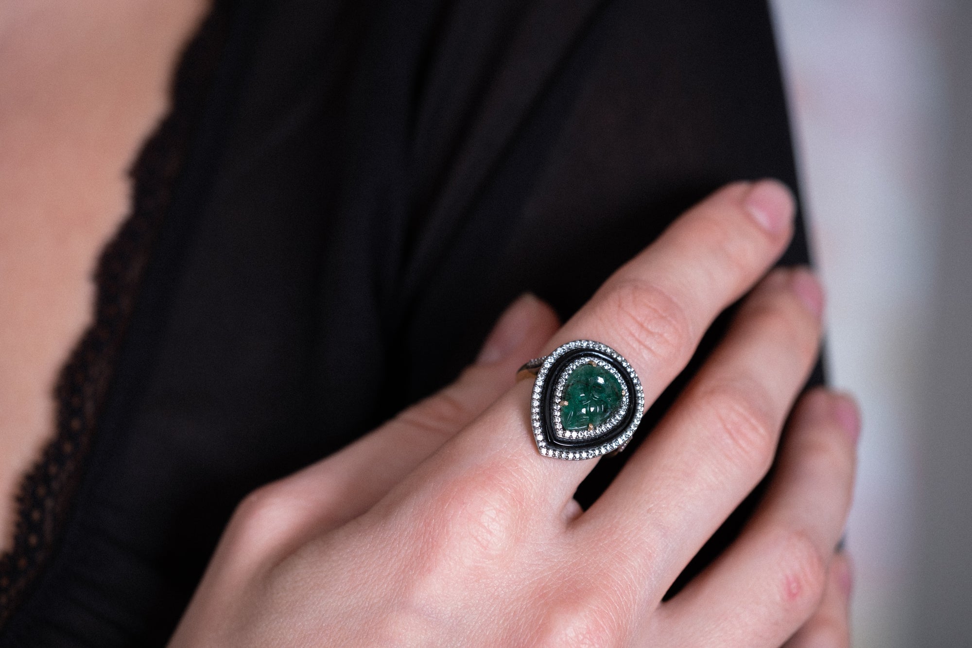18kt Gold Plated  Silver Emerald, Onyx, &amp; Zircon Cocktail Ring
