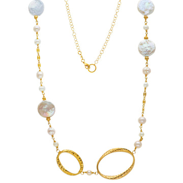 Yellow Gold Plated Silver & Pearl Opera Length Necklace