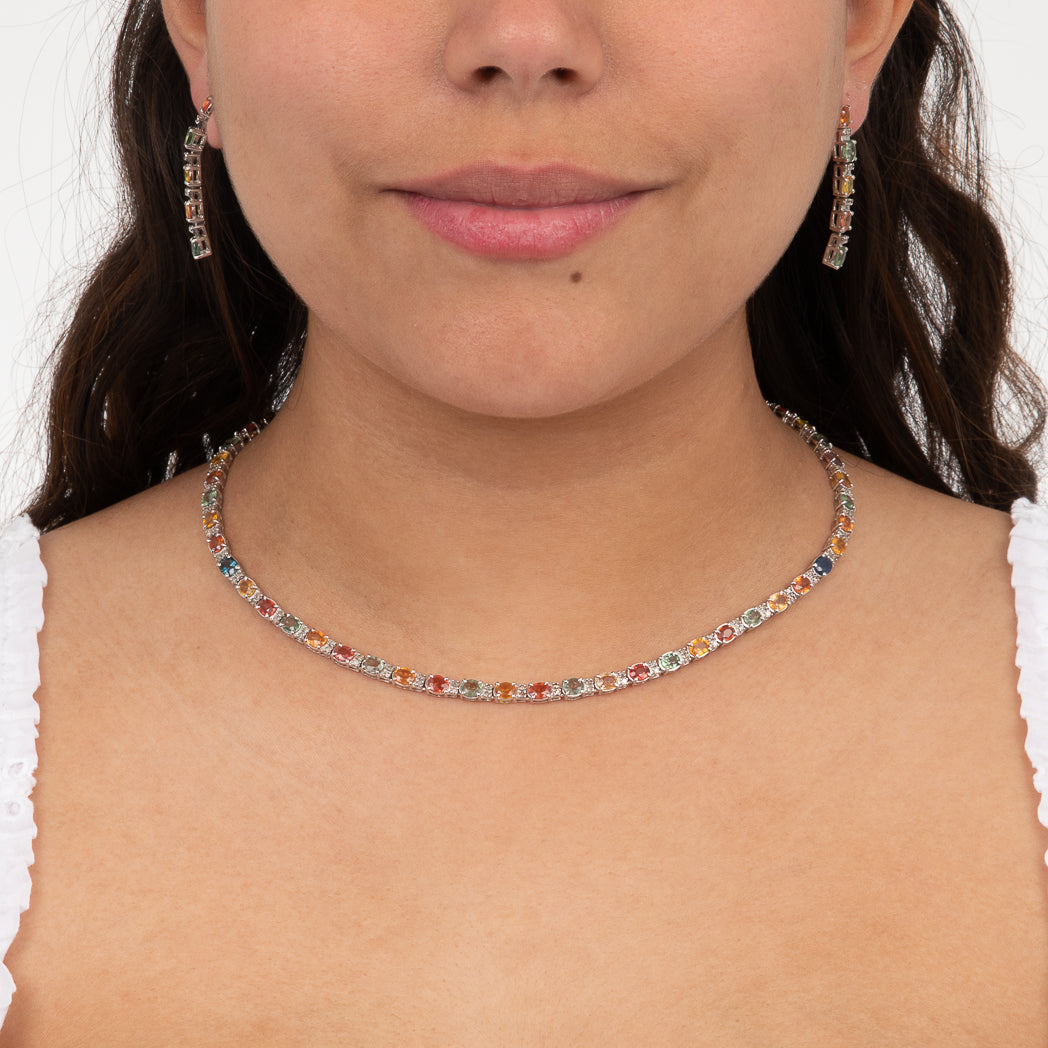 Silver with Diamond &amp; Multi Gemstone Necklace