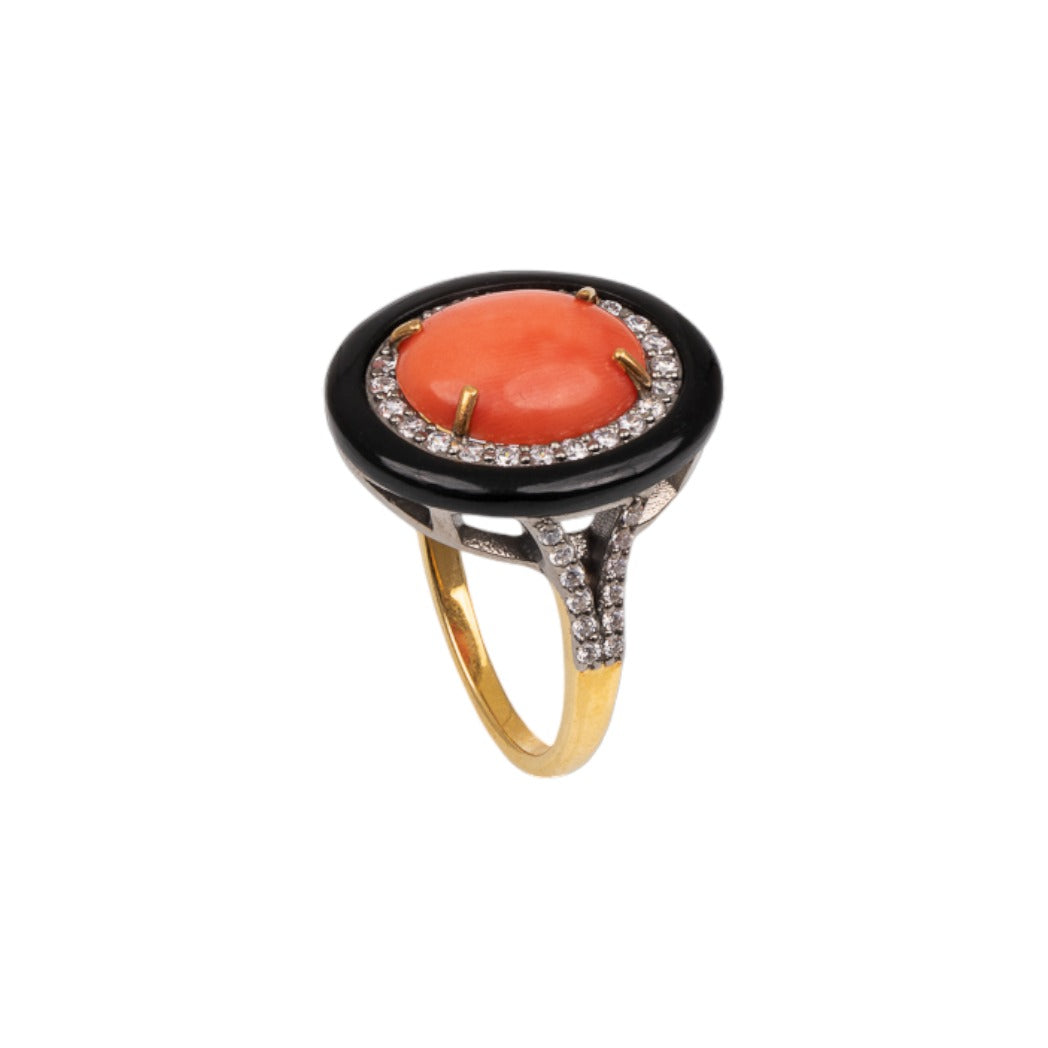 18kt Gold Plated  Silver Coral, Onyx & Zircon Cocktail Ring