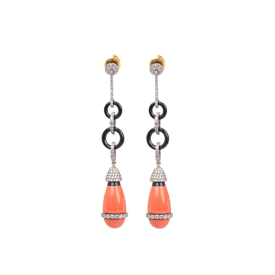 Coral, Onyx & Zircon Drop Earrings