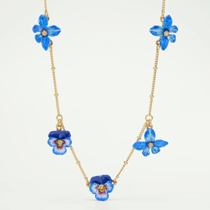 Les Néréides Blue Pansy and Golden Beads Thin Necklace