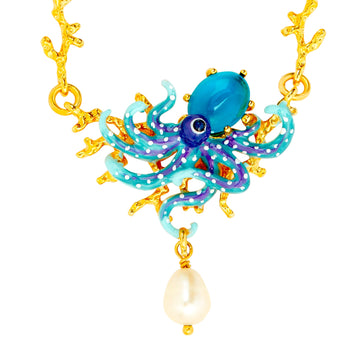 Les Néréides Blue Octopus, Blue Cut Glass Stone and Mother of Pearl Bead Statement Necklace