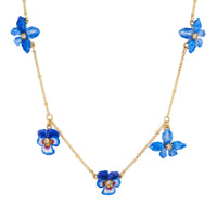 Les Néréides Blue Pansy and Golden Beads Thin Necklace