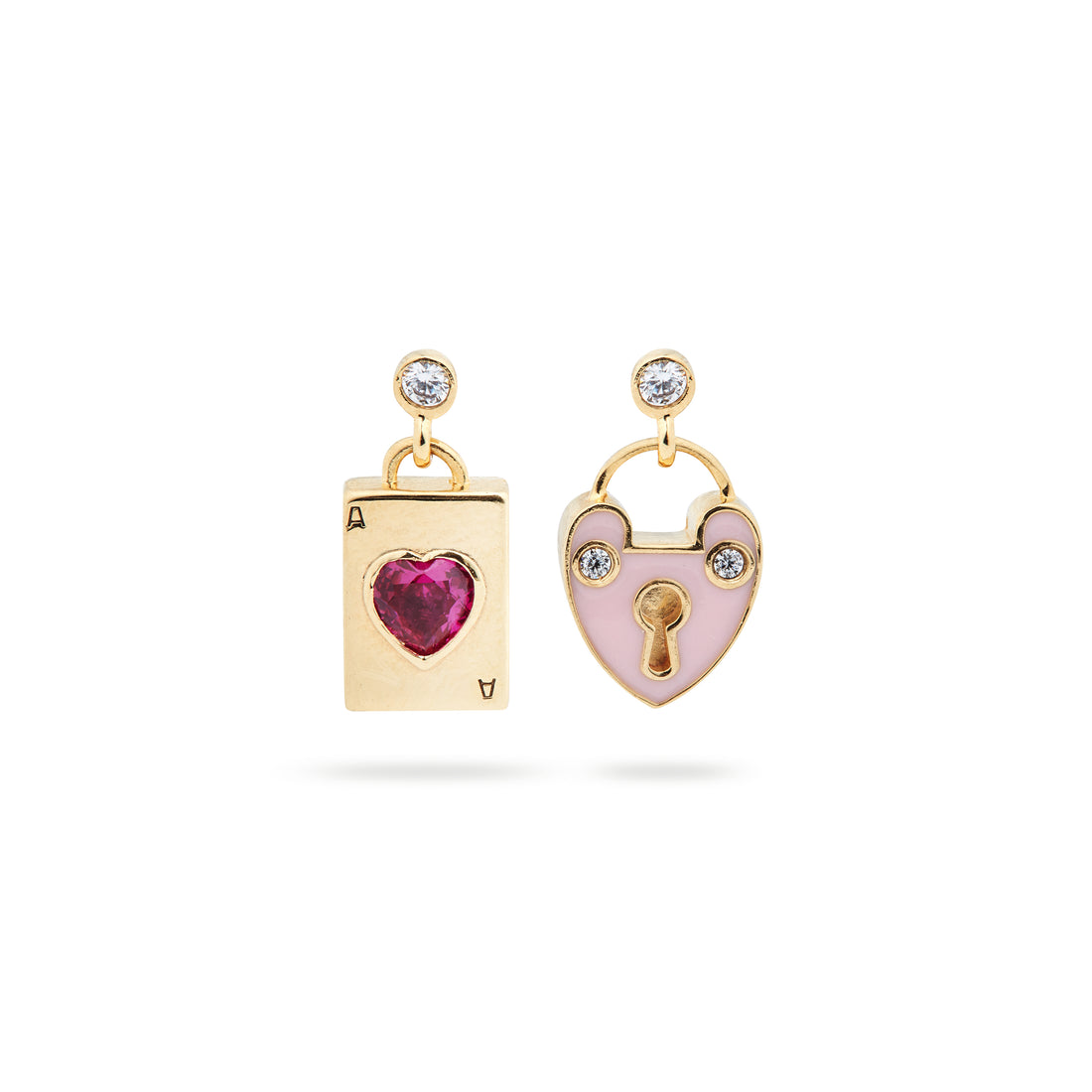 Les Néréides Asymmetrical Heart Padlock & Heart Card Post Earrings