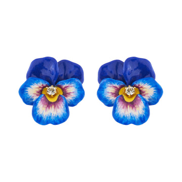 Les Néréides Blue Pansy and Faceted Crystal Clip On Earrings