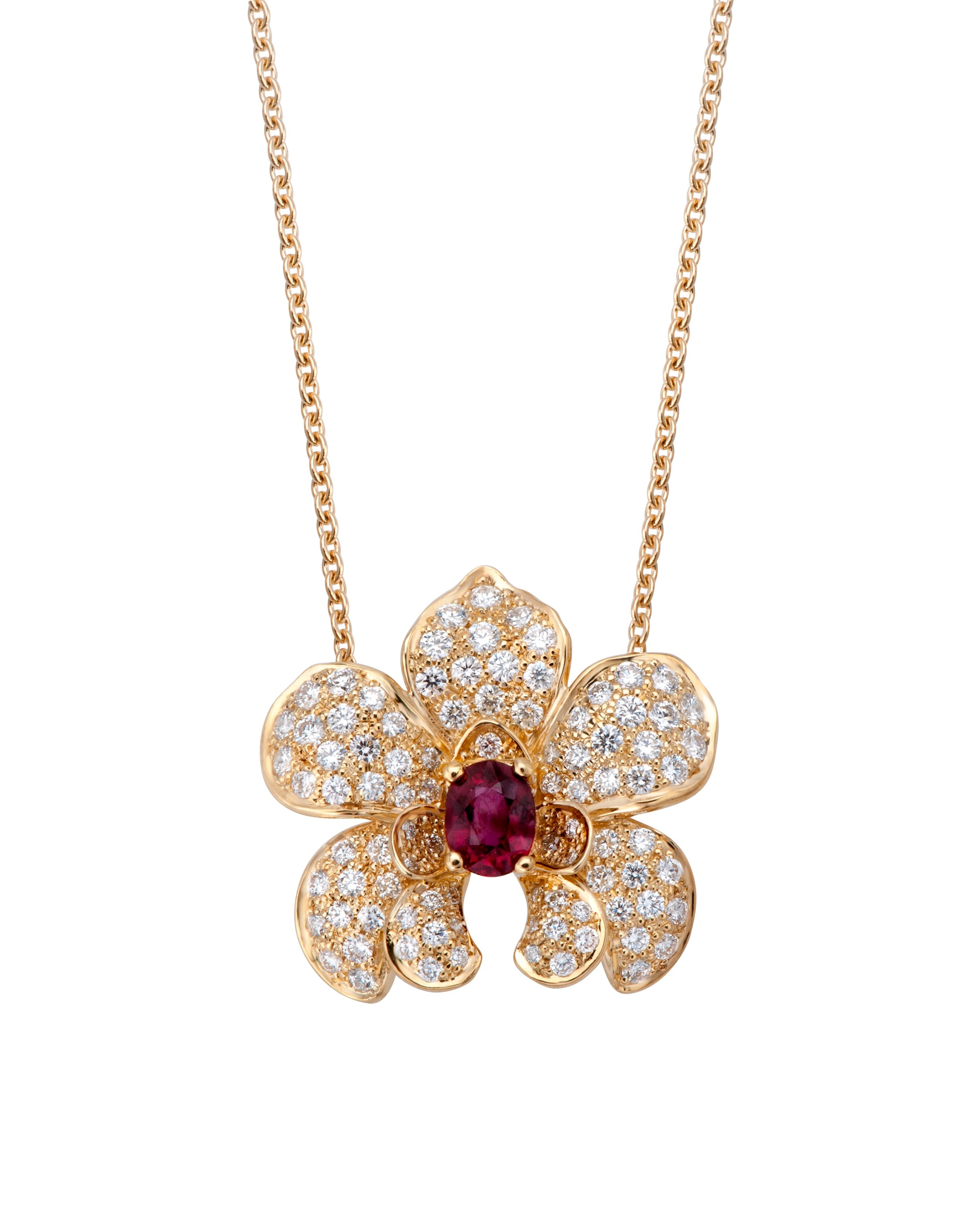 Gold flower-shaped necklace with a red ruby and encrusted with diamonds 