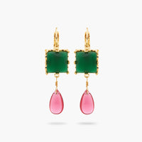 Les Néréides Green Square Stone and Bead Sleeper Earrings