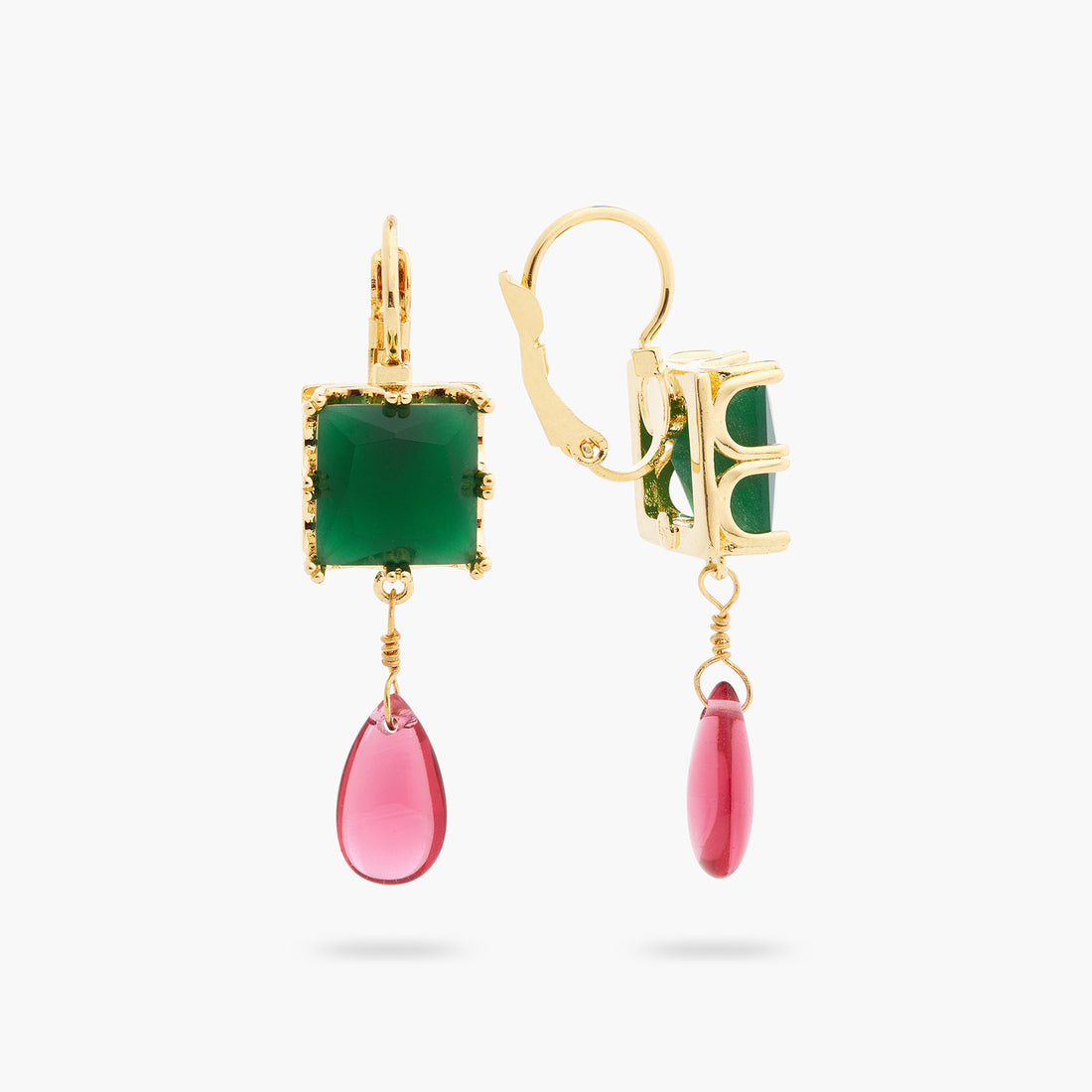 Les Néréides Green Square Stone and Bead Sleeper Earrings