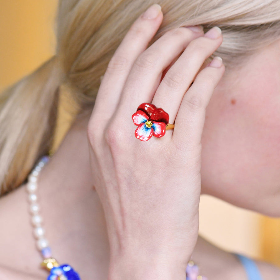 Les Néréides Red Pansy and Faceted Crystal Cocktail Ring